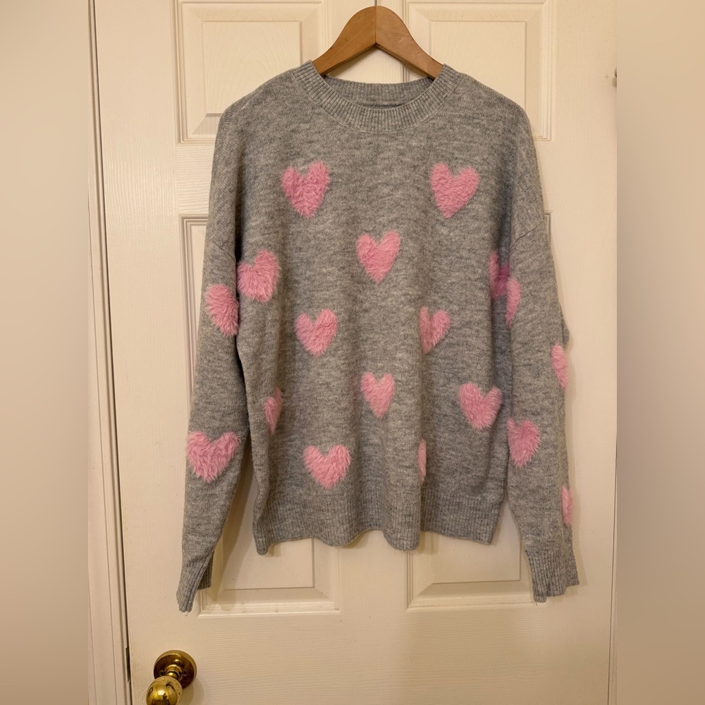 My Michelle Gray Sweater with Pink Heart Design